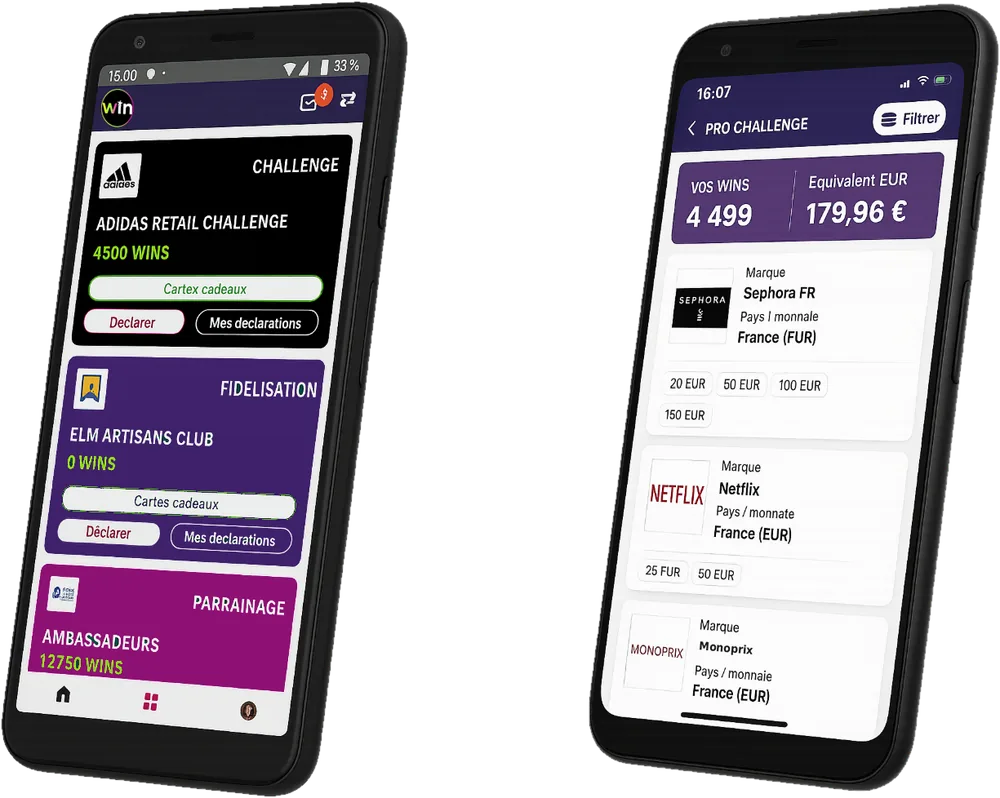 L'application Yooowin : challenges, fidélisation et parrainage avec leurs Wins, et le catalogue de cartes cadeaux converties en euros